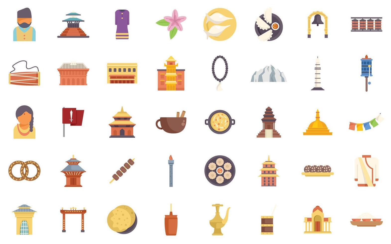 Nepal travel and culture presenting traditional symbols and objects in flat design vector