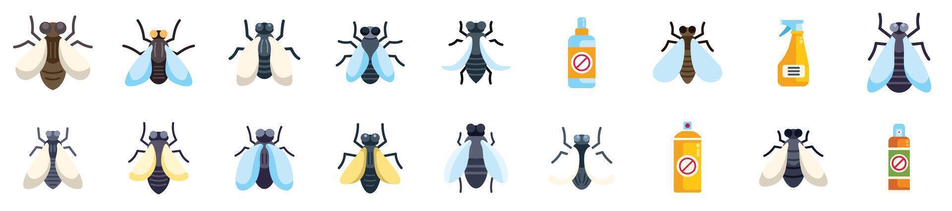 Housefly insects icons set showing different types of flies with insecticides vector