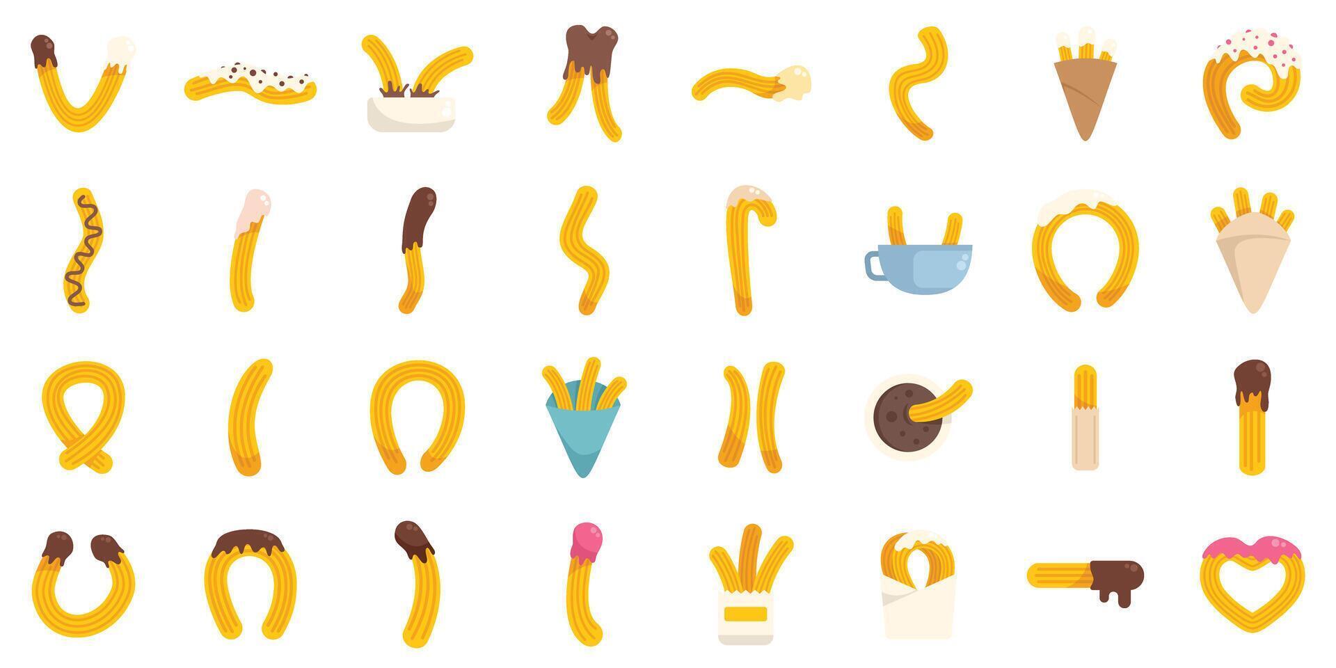 Churros icons set, traditional spanish cuisine, dessert menu items vector