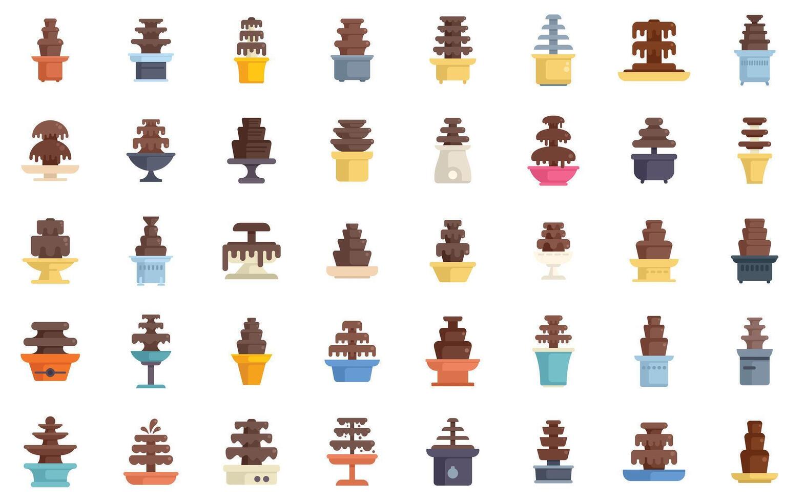 Chocolate fountain flowing on cascading tiers icons set vector