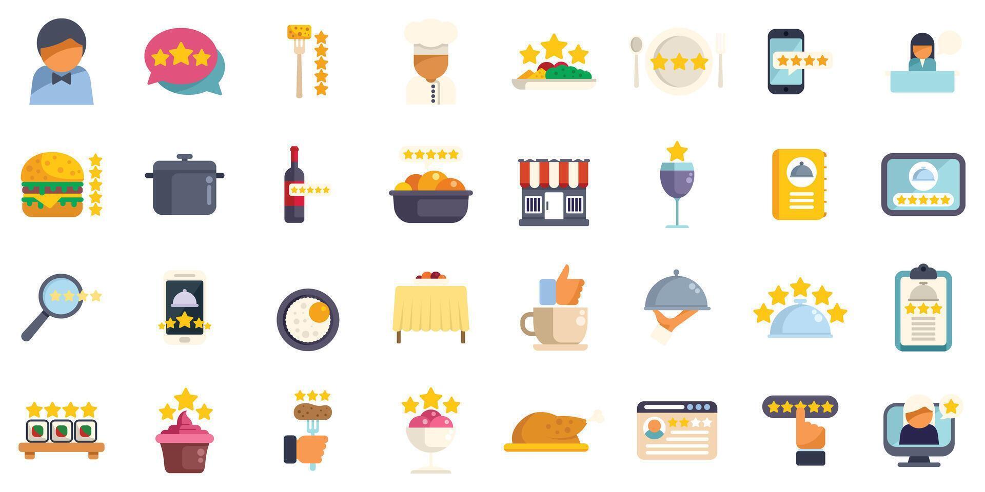 Restaurant rating icons showing feedback and food quality with five stars vector