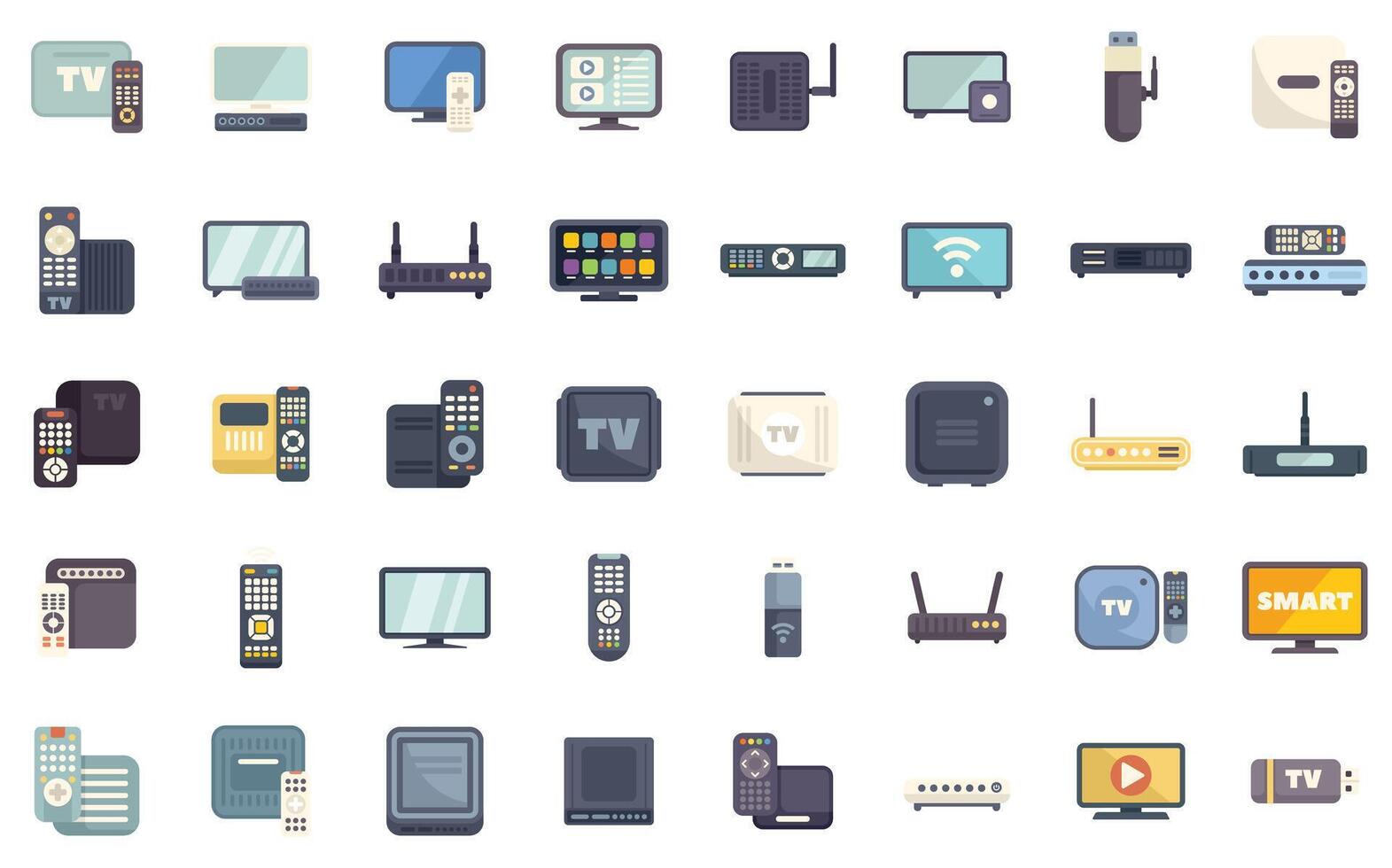 Television set top box receiver and remote control icons set vector