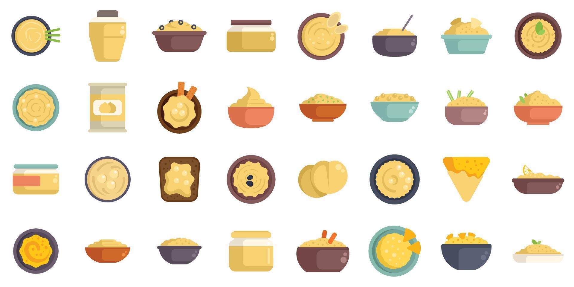 Large set of hummus icons showing different styles and flavors of hummus vector
