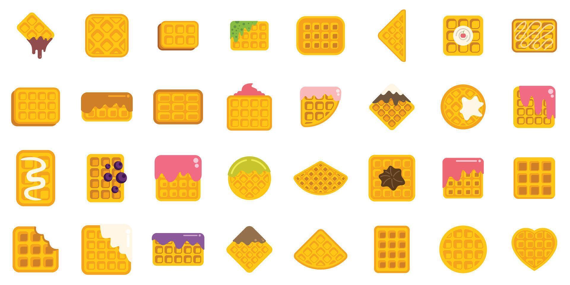 Set of delicious belgian waffles with various toppings showing different shapes and flavours vector