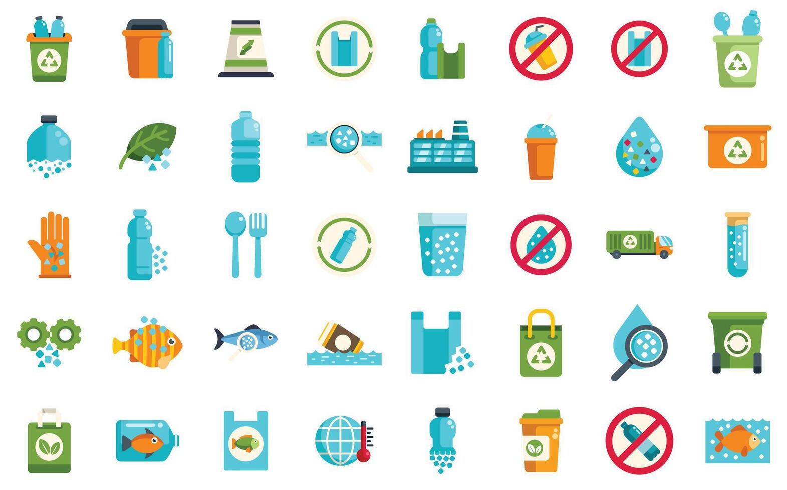 Microplastic pollution icons showing tiny particles entering food chain and impacting environment vector