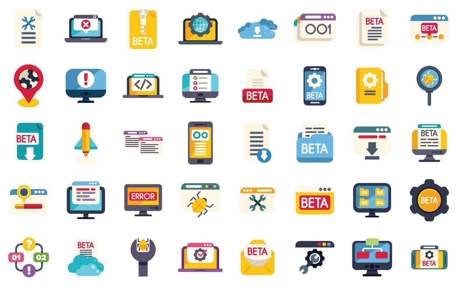 Software testing and debugging icons showing bugs and errors vector