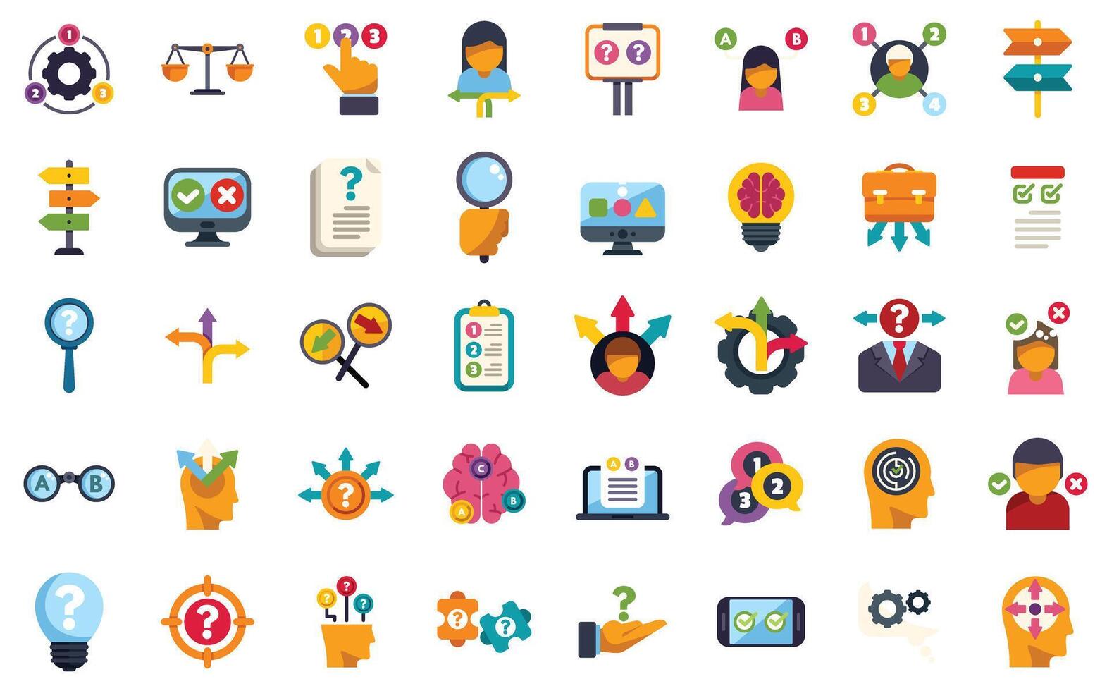 decisión haciendo proceso, resolviendo problemas, generando ideas y hallazgo soluciones icono conjunto vector