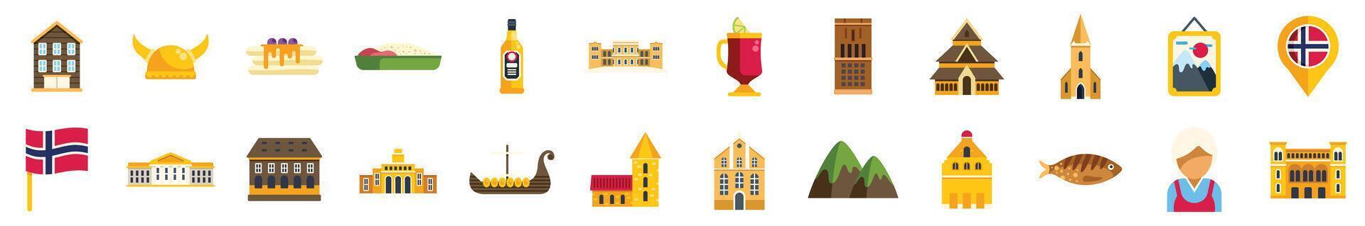 Norway landmark icon set showing traditional culture and cuisine vector