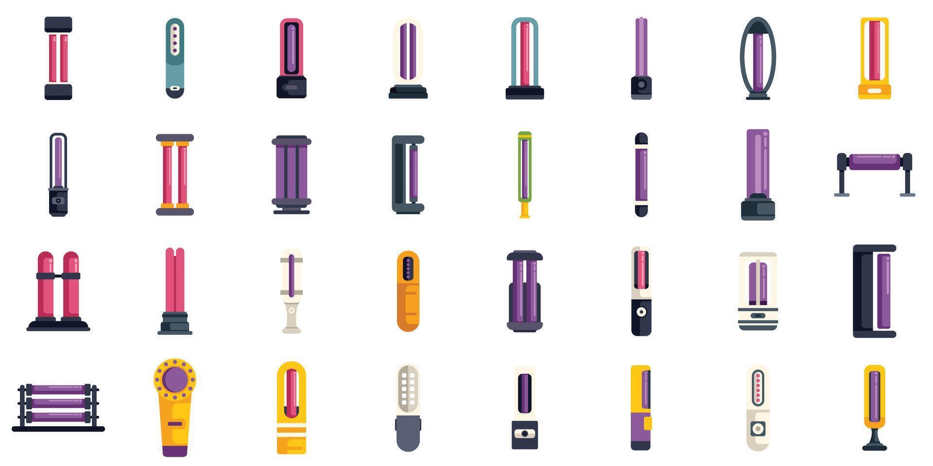 Ultraviolet germicidal lamps for virus and bacteria disinfection icons set vector
