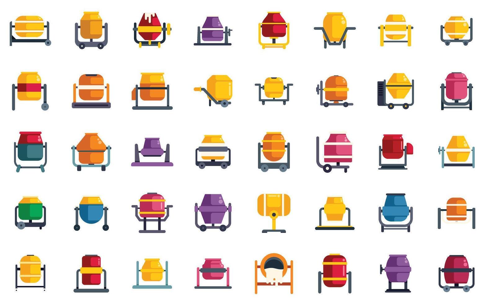 Concrete mixer icons set, construction tool for mixing cement vector illustration