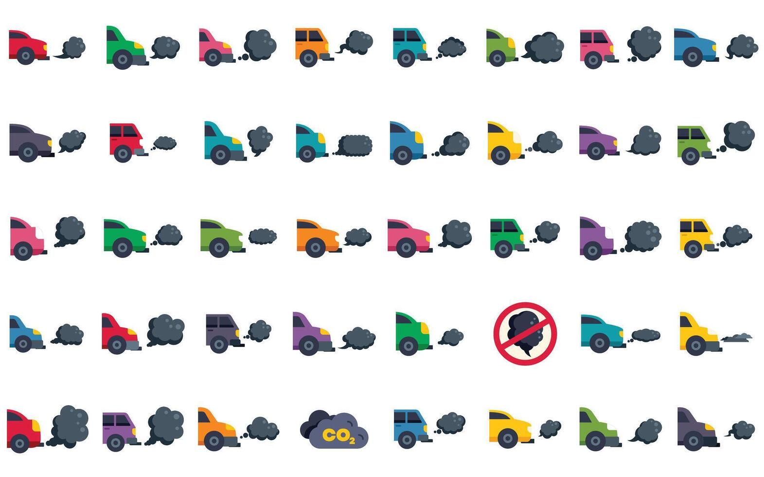 Various cars emitting black smoke from exhaust pipes representing pollution concept vector