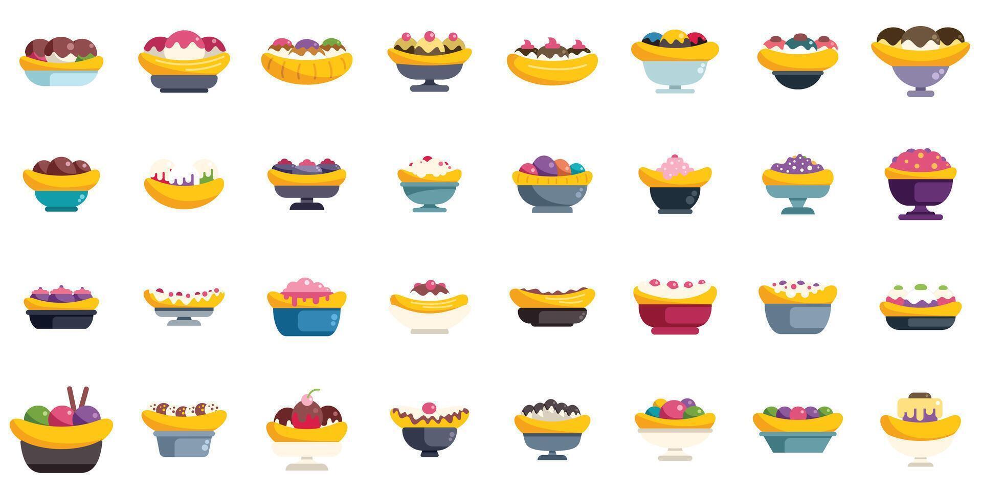 Banana split dessert icons showing different toppings and flavors of ice cream vector