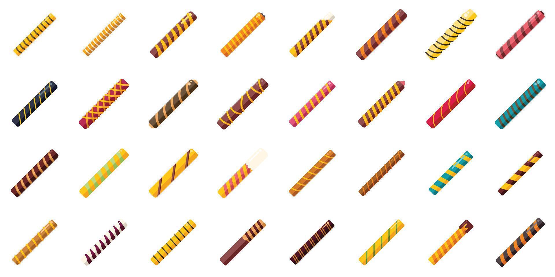 Set of crunchy wafer stick covered with chocolate or glaze icons set vector