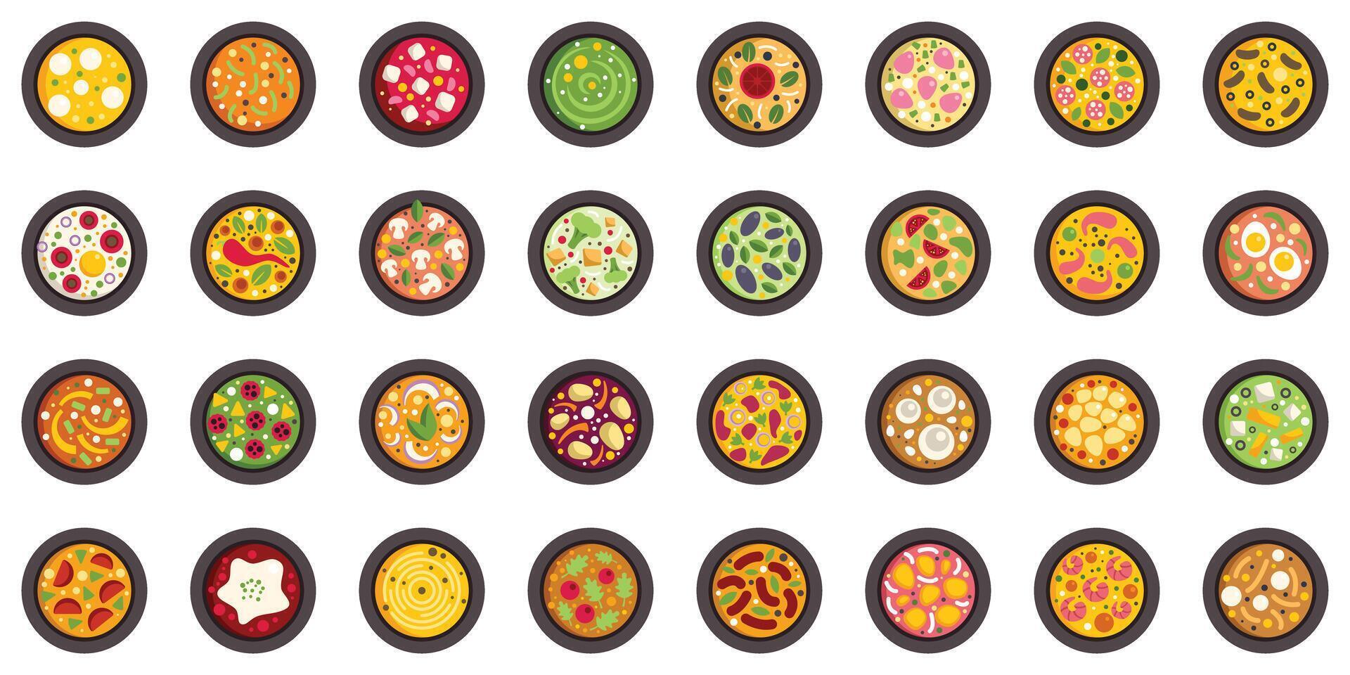 Big set of different pizzas with various ingredients on the black round plates being cooked in oven, top view, flat style vector illustration