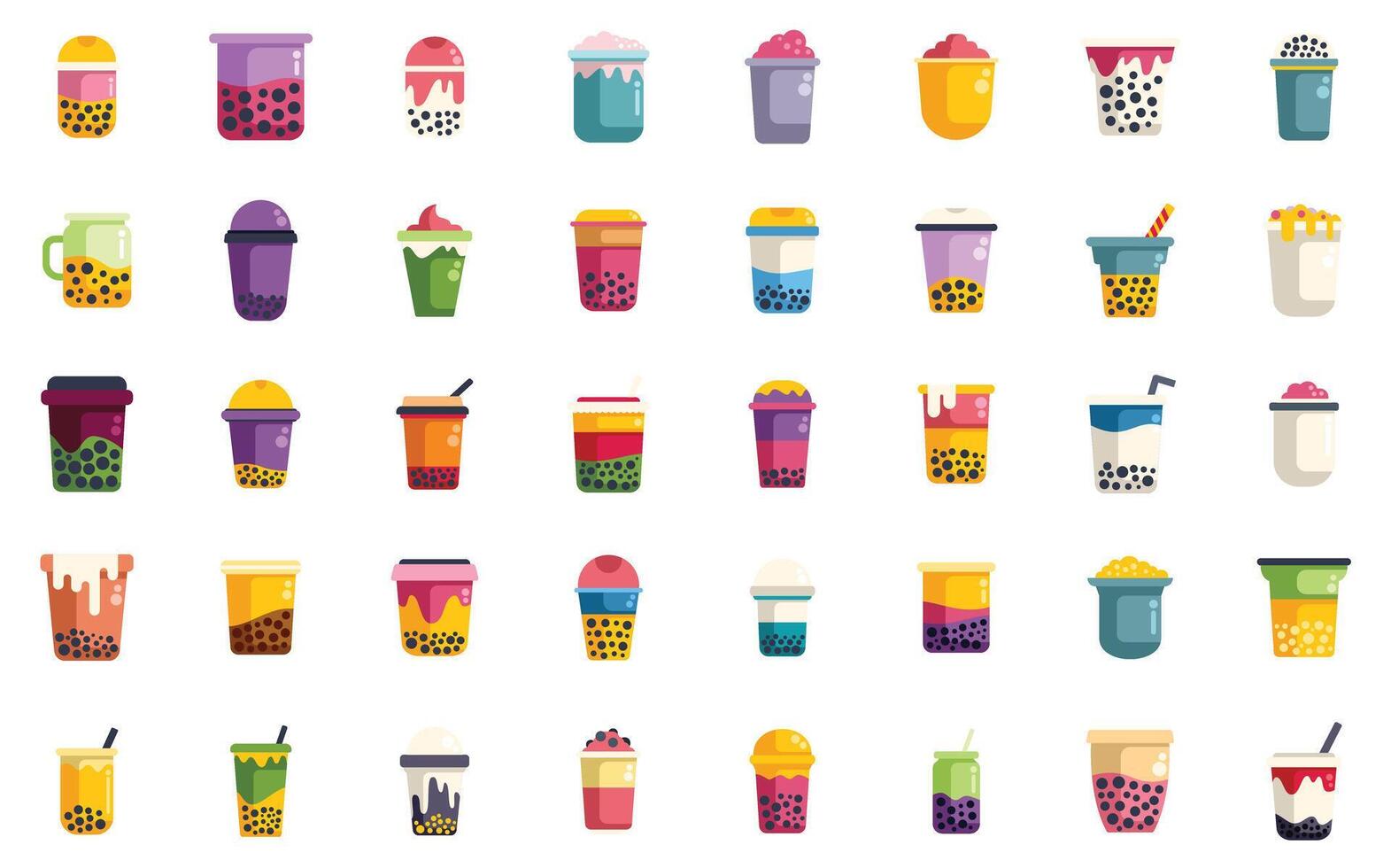 Bubble tea cups showing variety of flavors and toppings vector