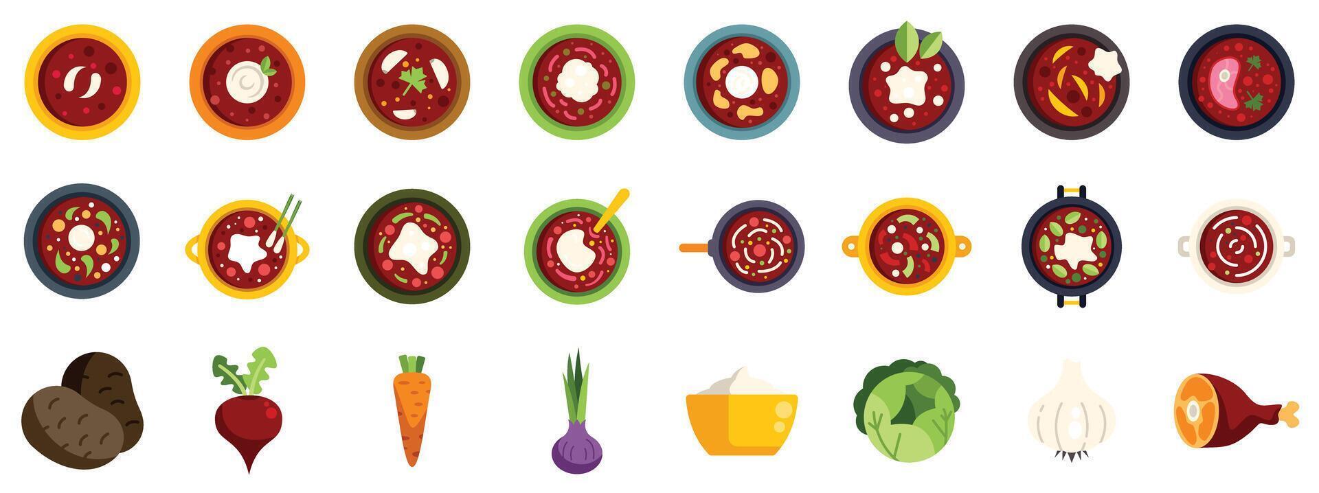 Large set of borscht icons showing different variations and ingredients vector