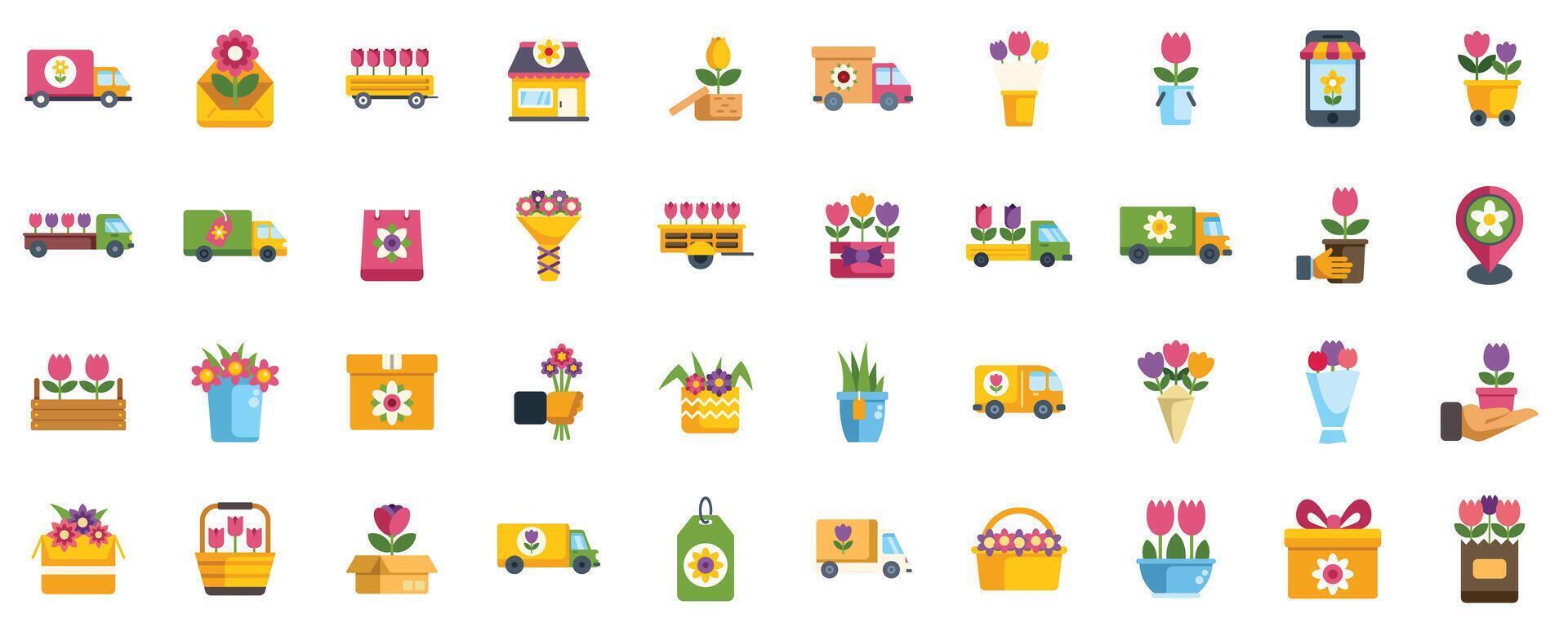 Flower shop icons showing ways of selling and delivering flowers vector