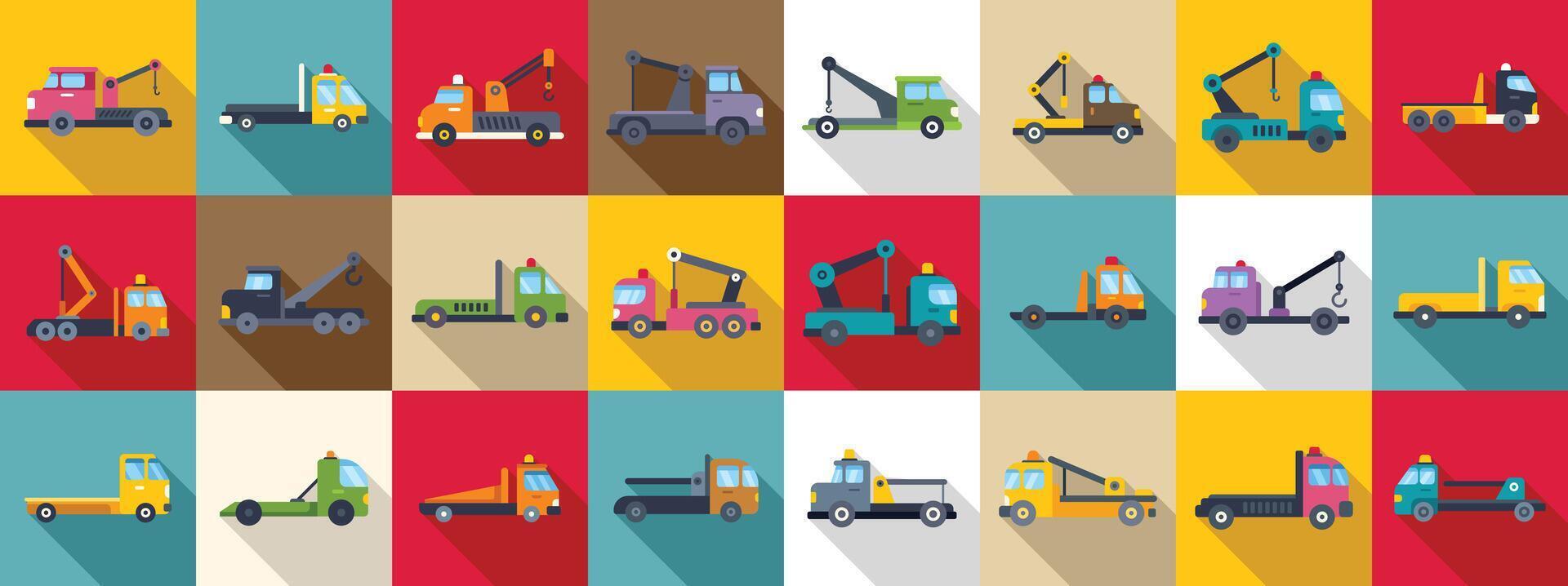 Rescue tow truck icons set. Collection of tow trucks in flat design with long shadow vector