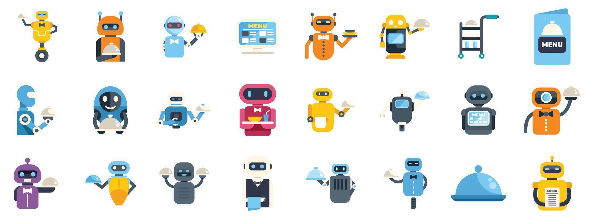Robots serving food in restaurant, futuristic service concept icon set vector