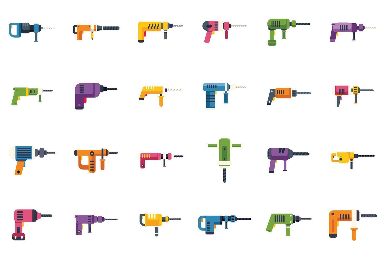 Big set of rotary hammer icons showing different styles and colors vector