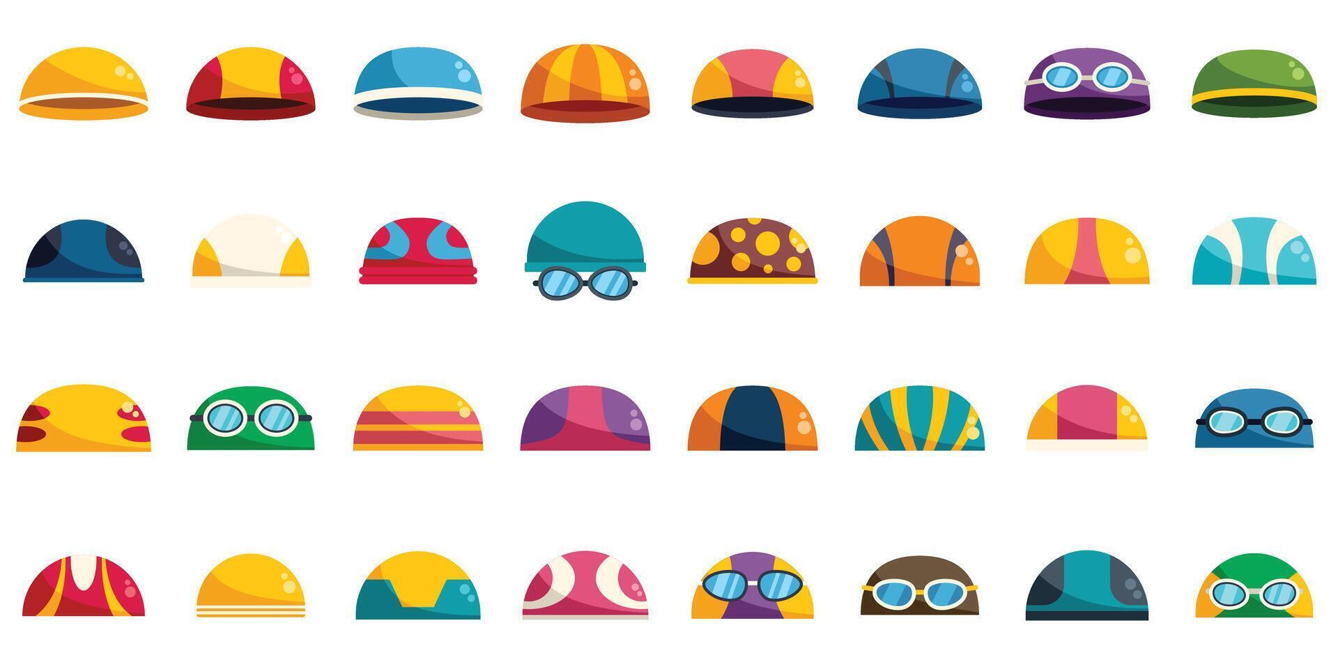 Large set of colorful swimming caps with goggles for professional swimmers training for competition vector