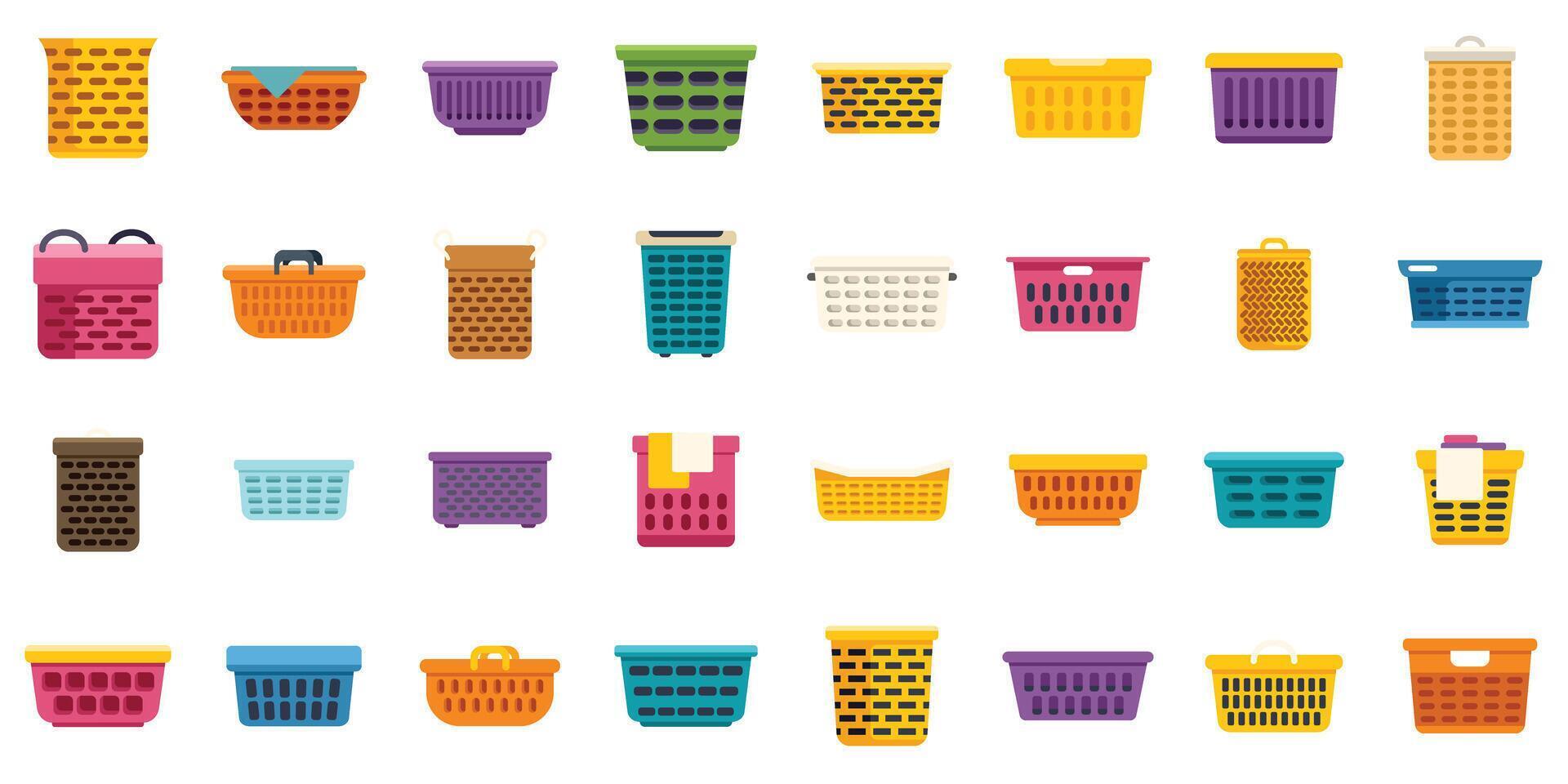 Laundry baskets icons set showing different styles and colors vector