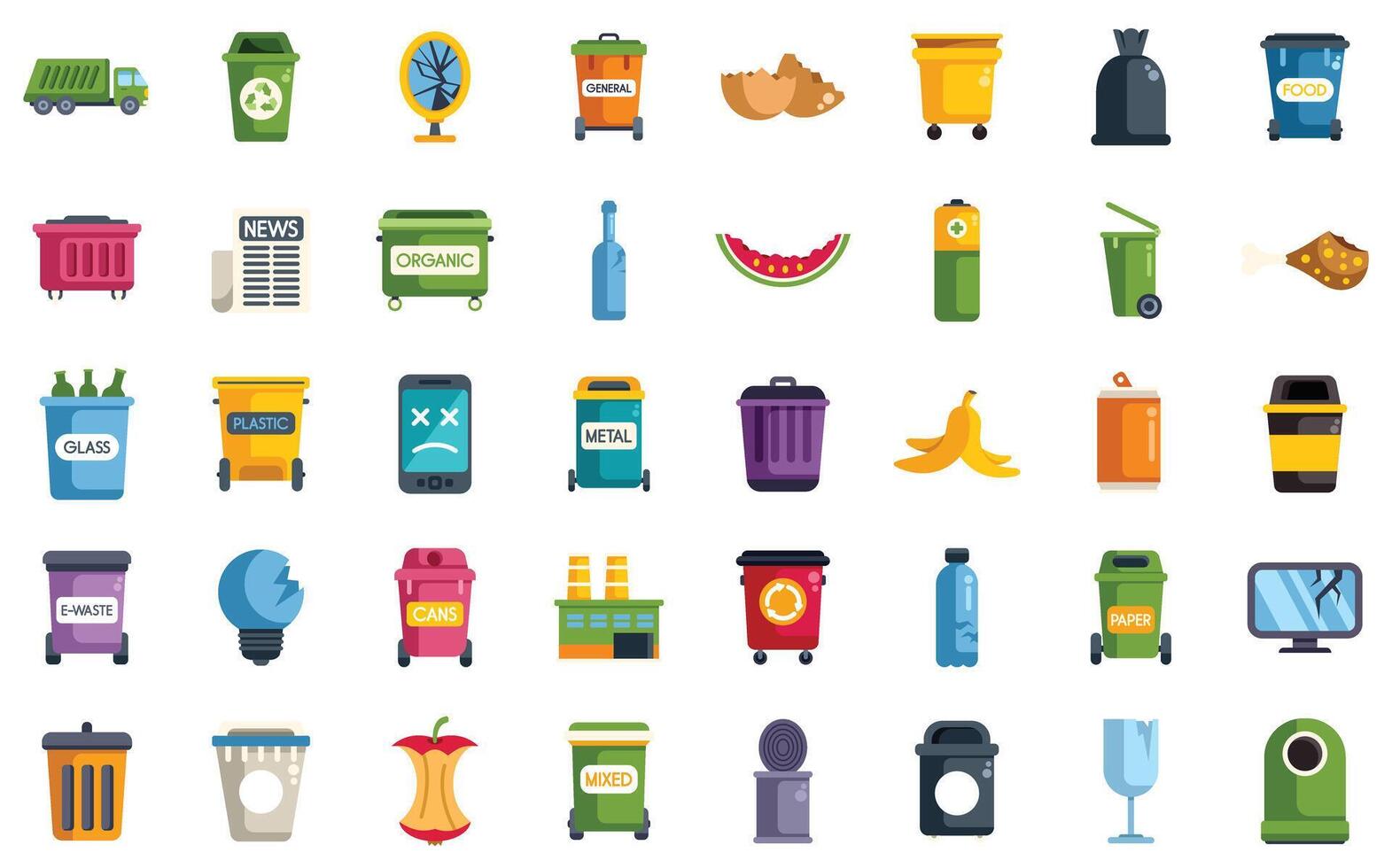 Garbage sorting and recycling bins with sorted waste icons set vector