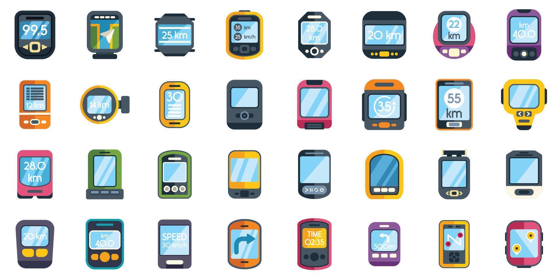 Set of colorful bicycle computer icons showing speed, distance and time vector