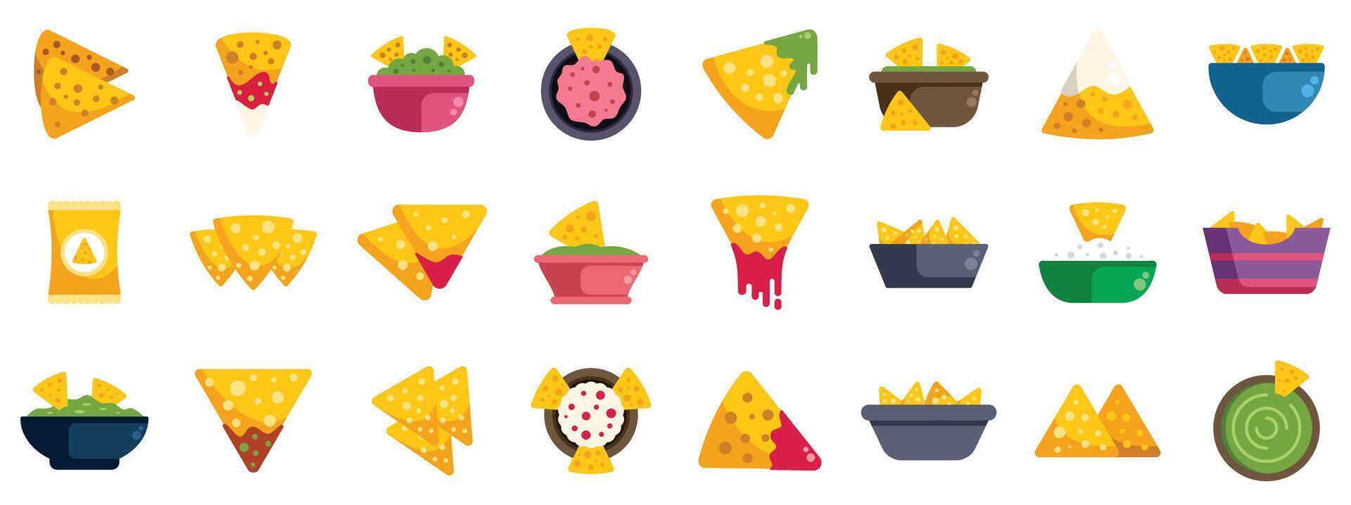 Nachos icons set dipping sauce cheese food mexican traditional snack vector illustration