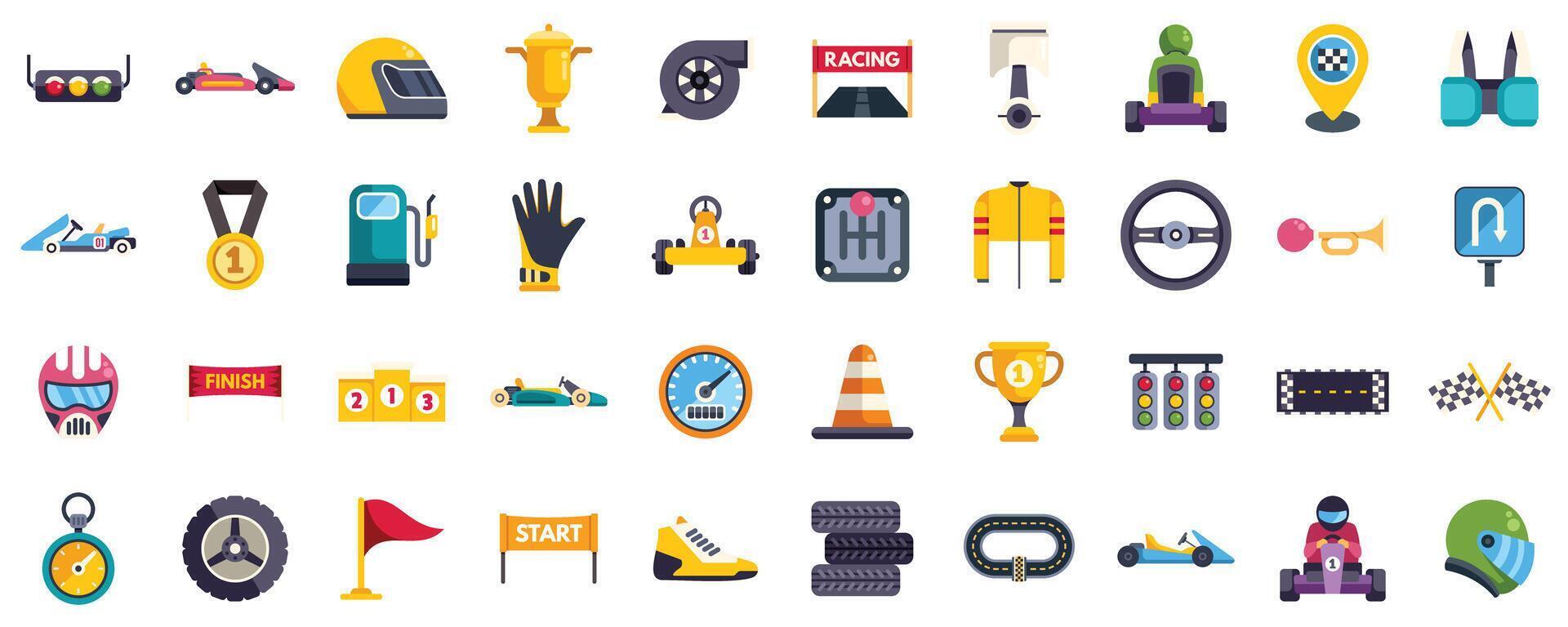 Karting race competition elements icons set showing go kart equipment and prizes vector