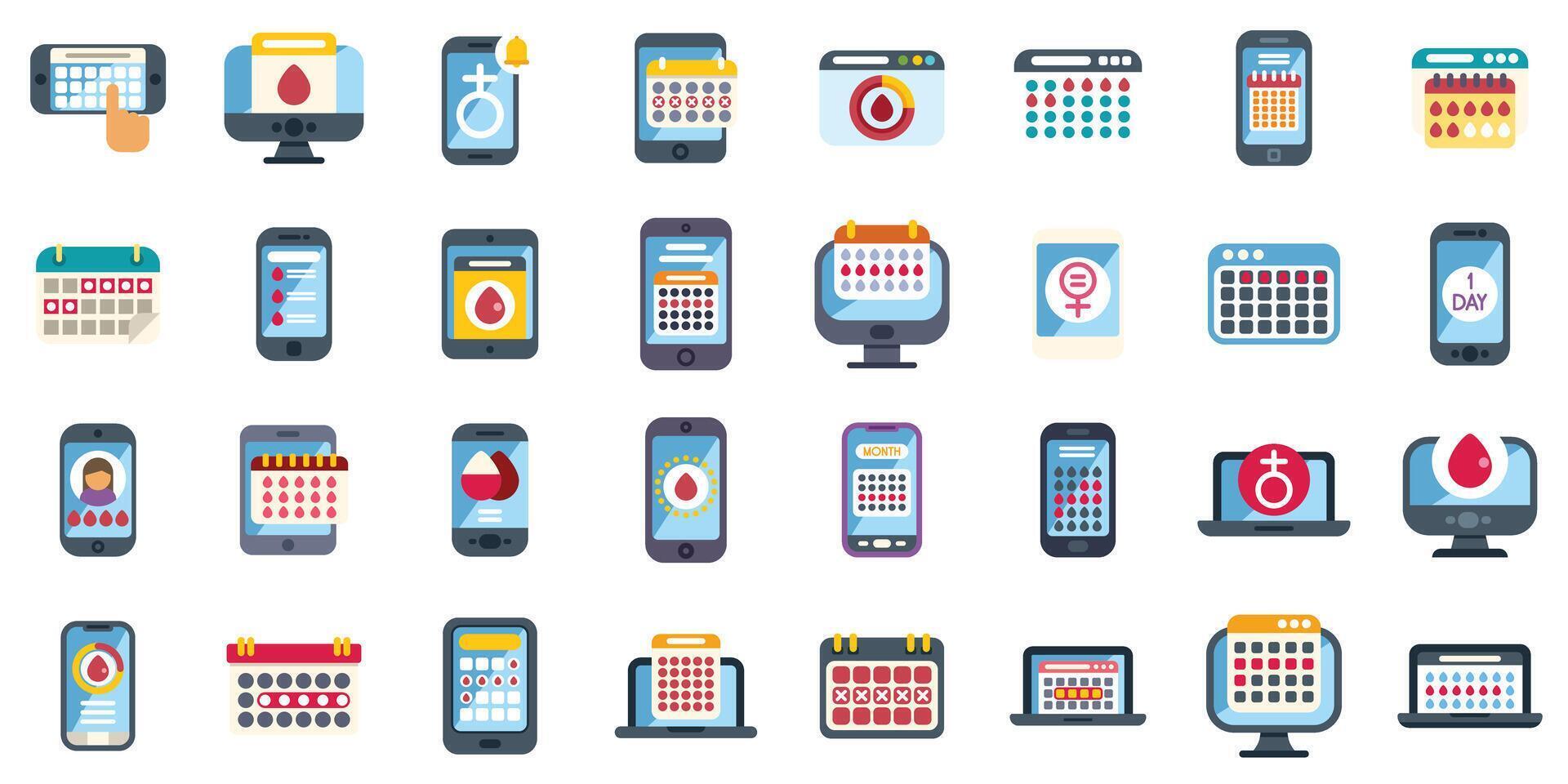 Woman monitoring menstrual cycle using calendar app on different devices vector