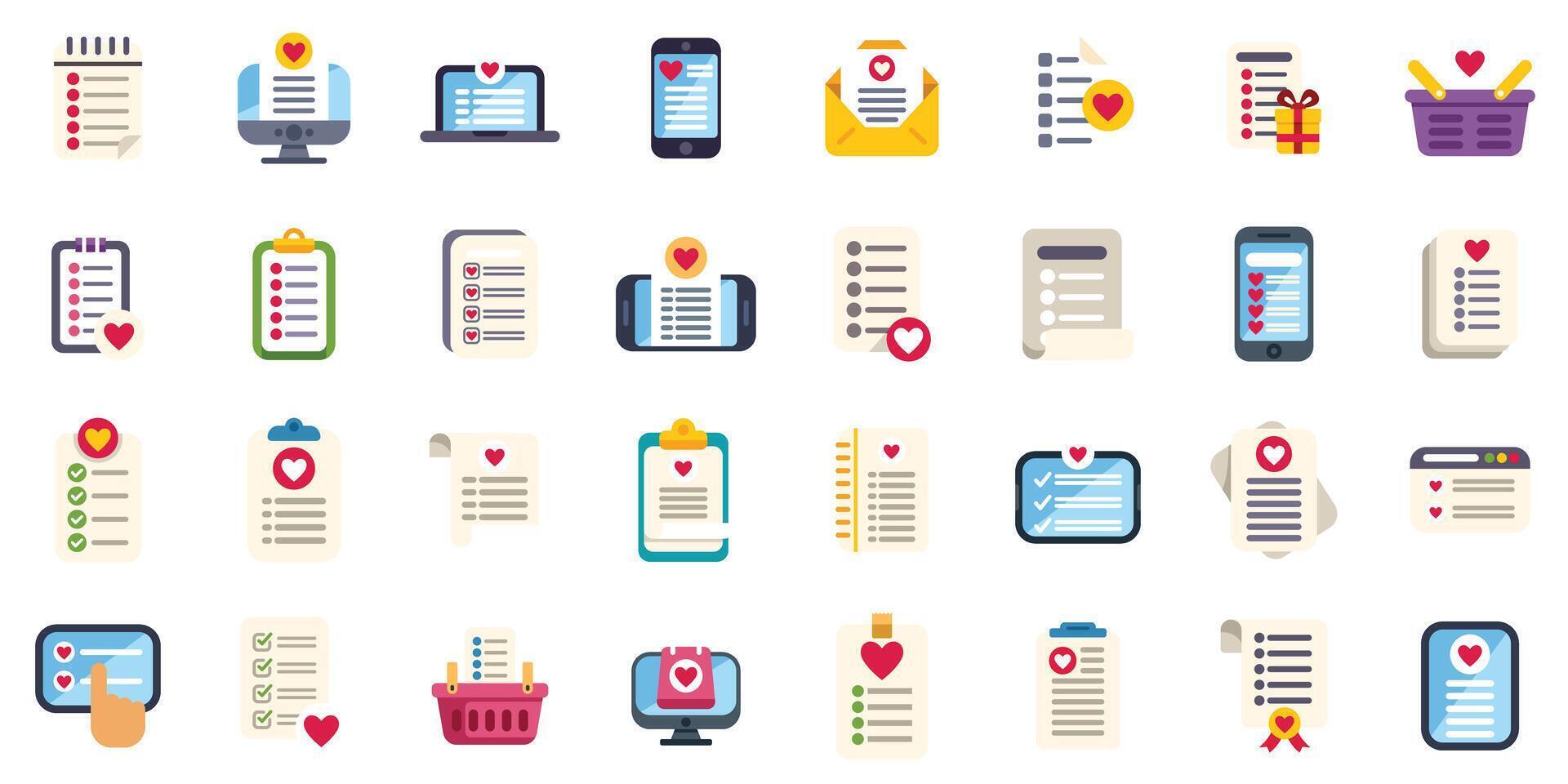 Wish list icon set, love list, favorite list, romantic desire list icon set vector