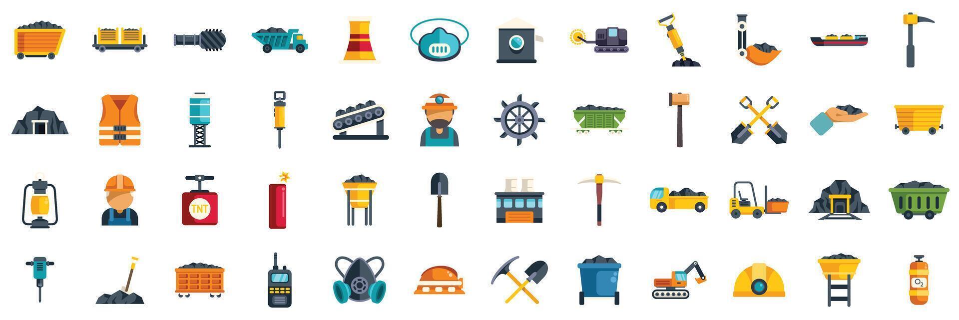 Coal mining industry process and equipment icons set describing coal extraction vector
