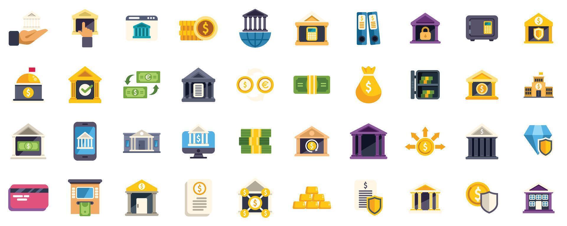 Bank institution for money saving and finance management icon set vector