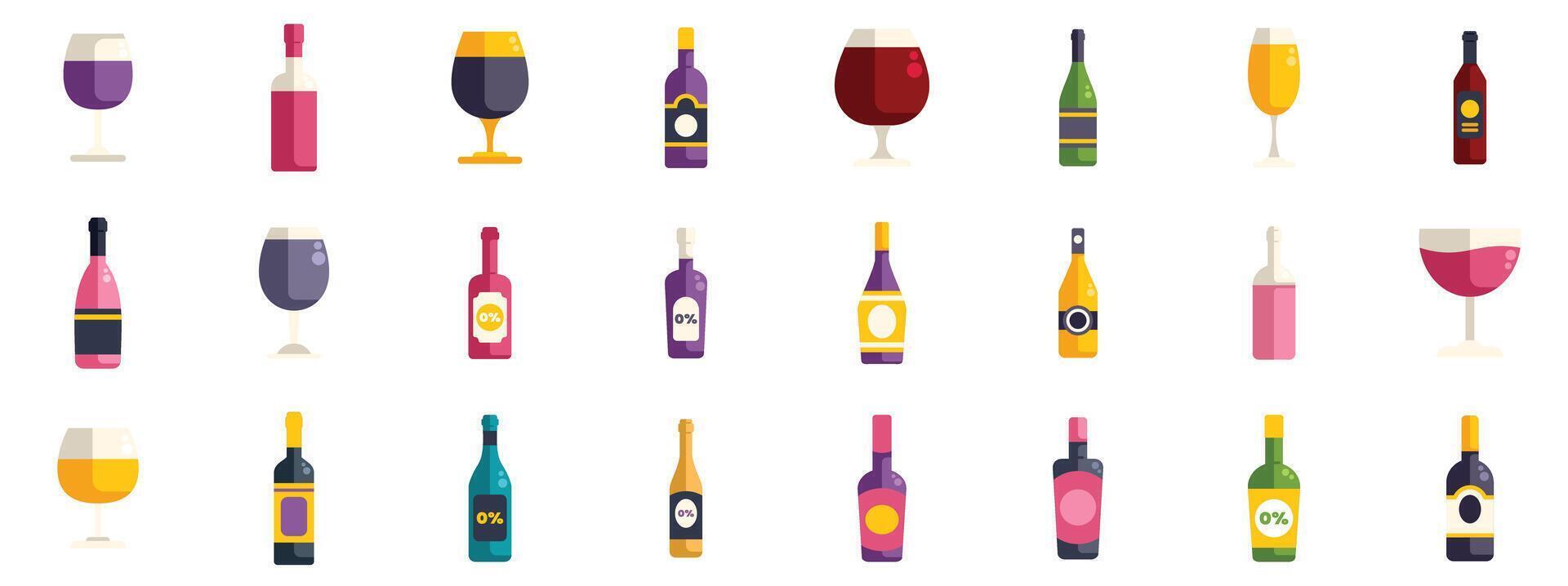 Wine and liquor bottles and glasses icon set showing different drinks vector