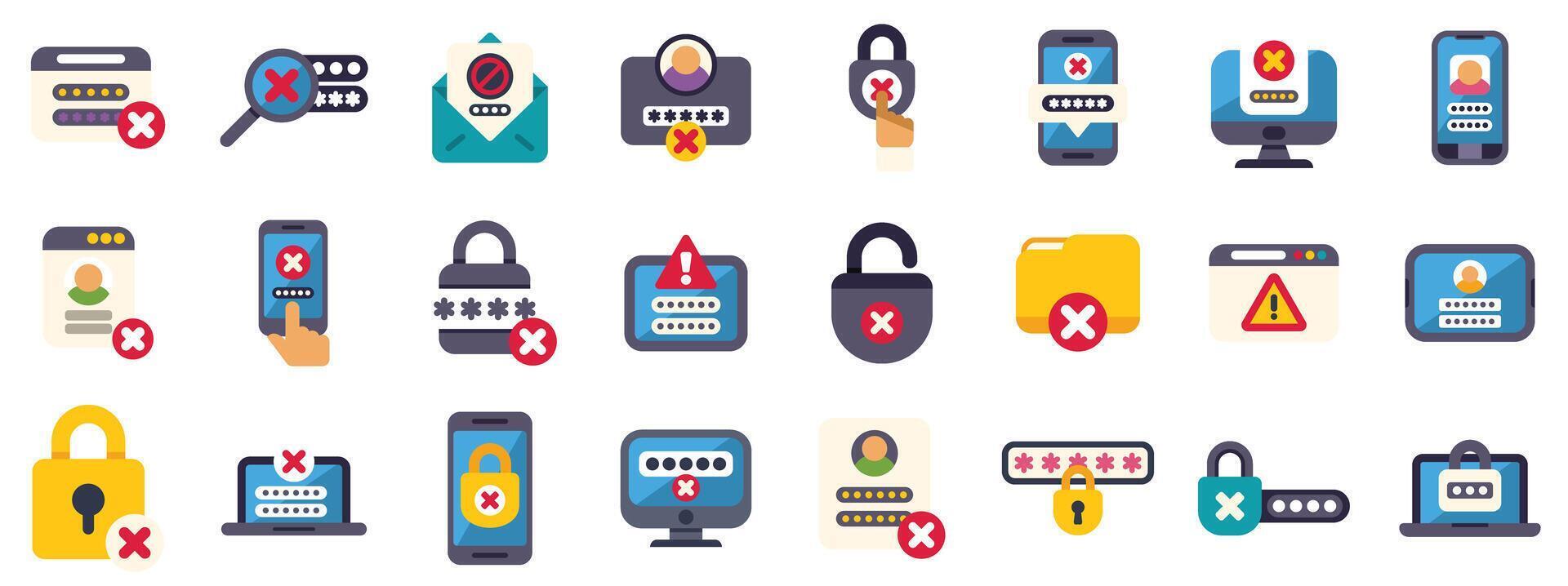 Set of password protection and error icons showing login problems and security issues vector