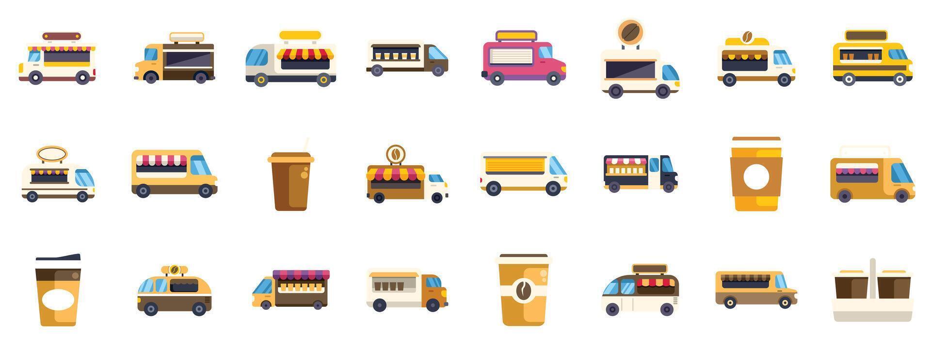 Icon set of various coffee trucks and takeaway coffee cups in a flat design style vector