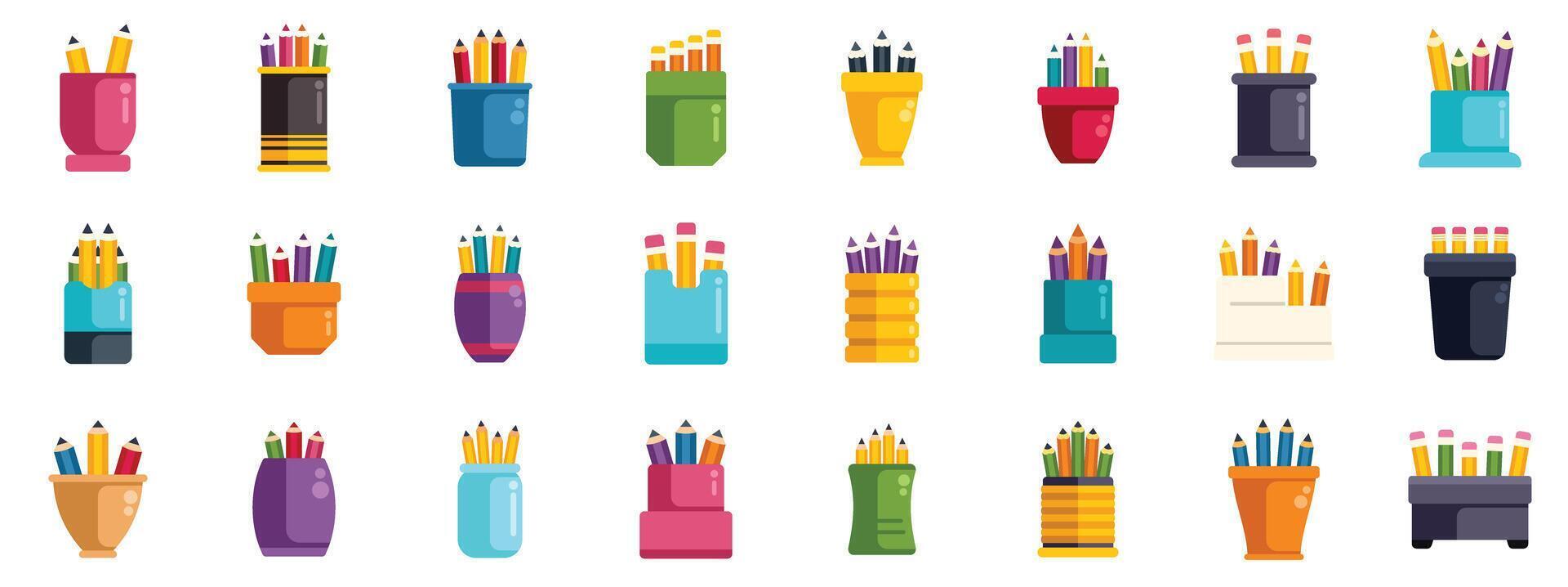 Set of colorful pencils in different holders for drawing and sketching on white background vector