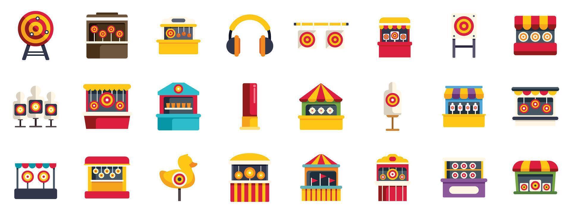 Shooting range icons showing targets, stalls, and ear protection for safe fun at the fair vector