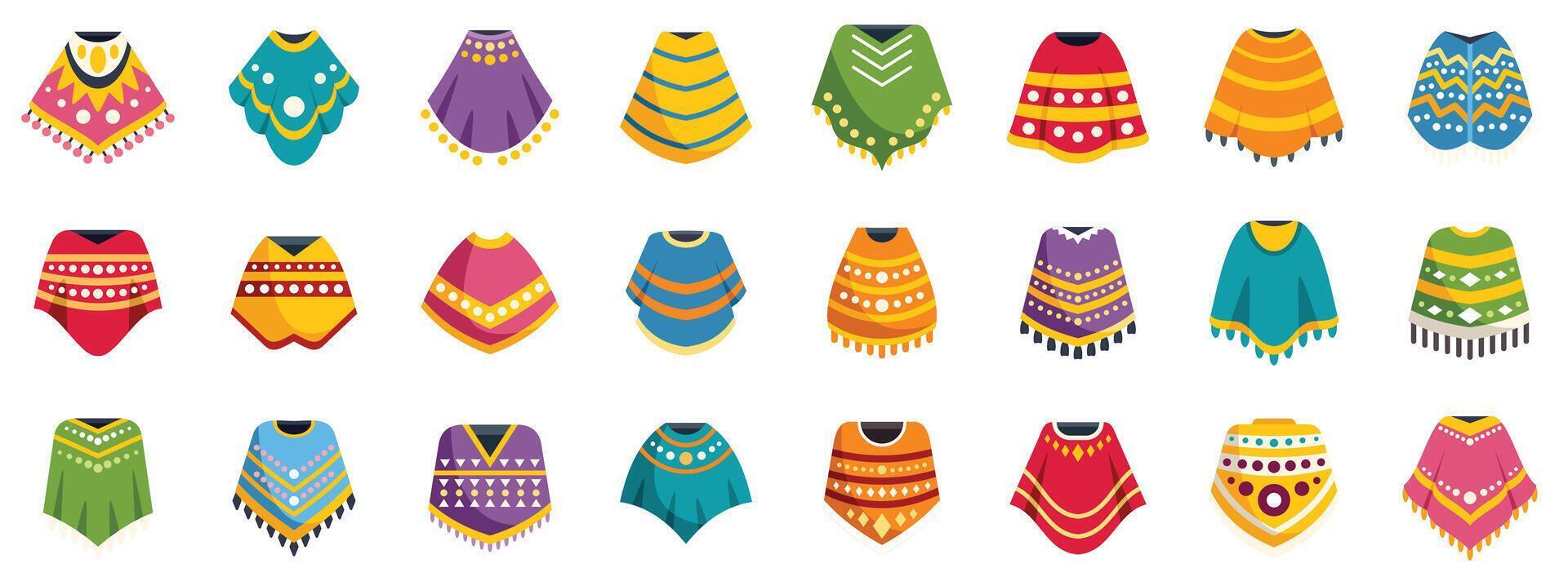 Large set of colorful ponchos with different ornaments showing national patterns vector