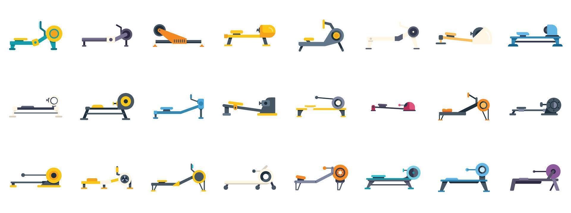 Set of rowing machine simulators showing different training concepts for home and gym vector