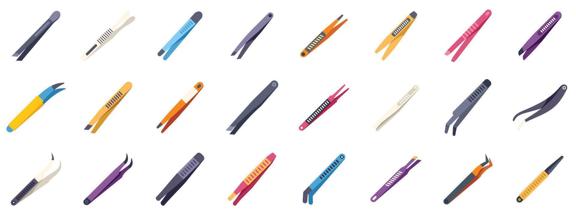 Set of tweezers icons showing different styles and purposes vector