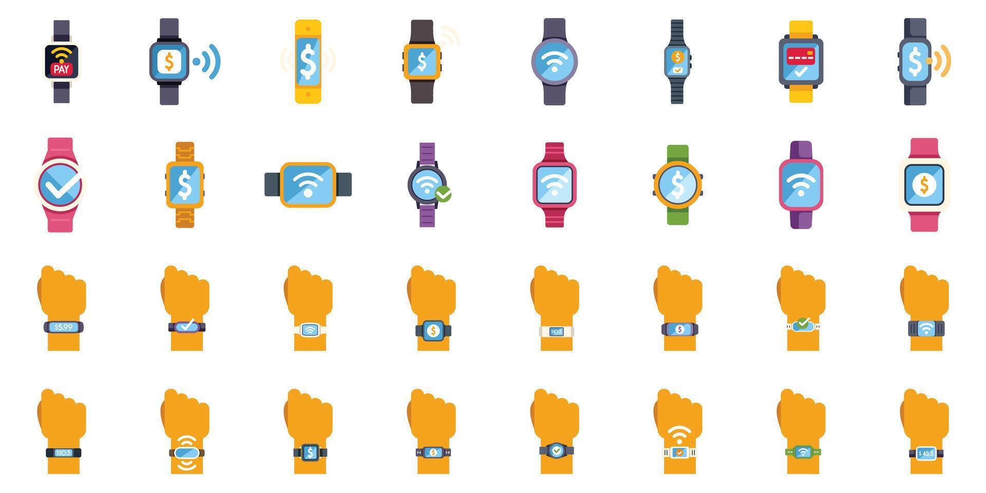 Large set of smart watches showing different functions and being worn on wrists vector