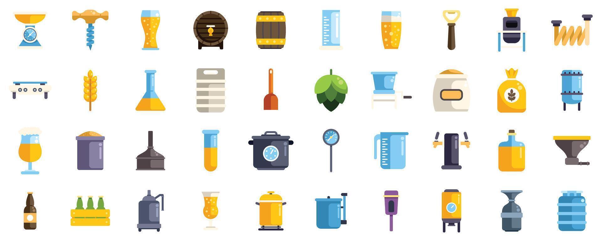 Craft beer brewing process and equipment icon set featuring kegs, hops, and barley vector