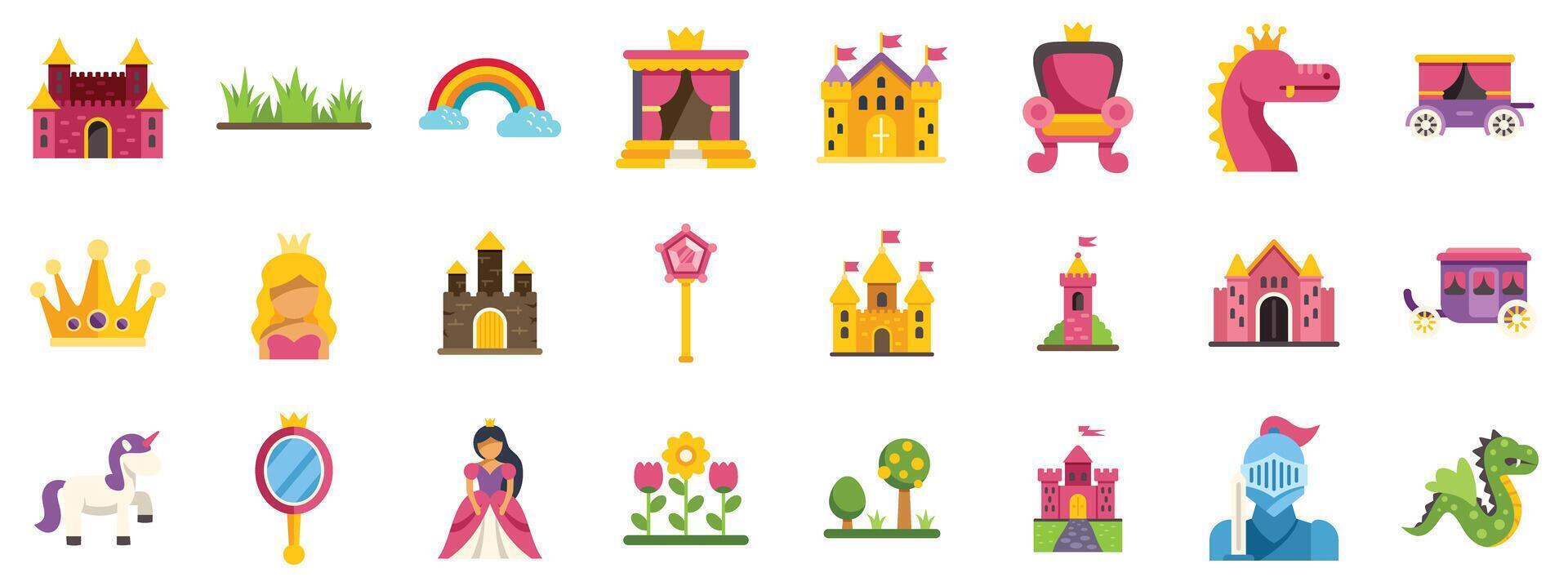 Colorful fairytale set with princess, dragon and knight protecting the castle vector