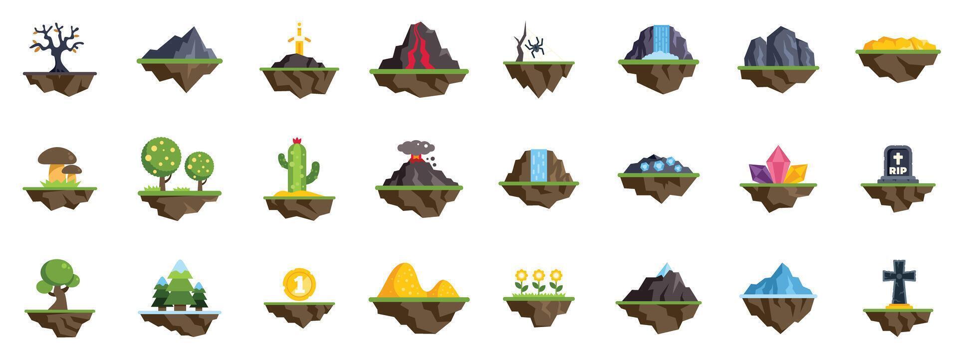 Collection of different flying islands with trees, rocks, volcanoes and other nature elements for fantasy game design vector
