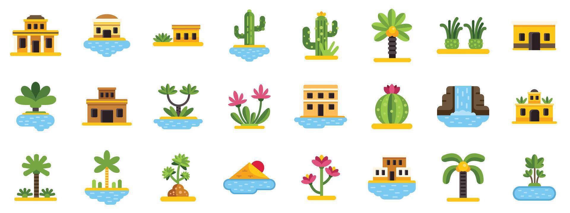 Oasis icon set featuring desert plants, palms, buildings and water sources vector