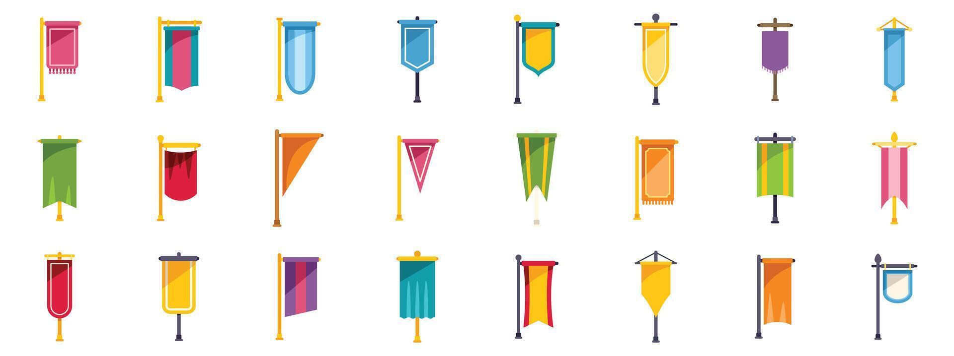 Set of colorful flags hanging from wooden poles vector