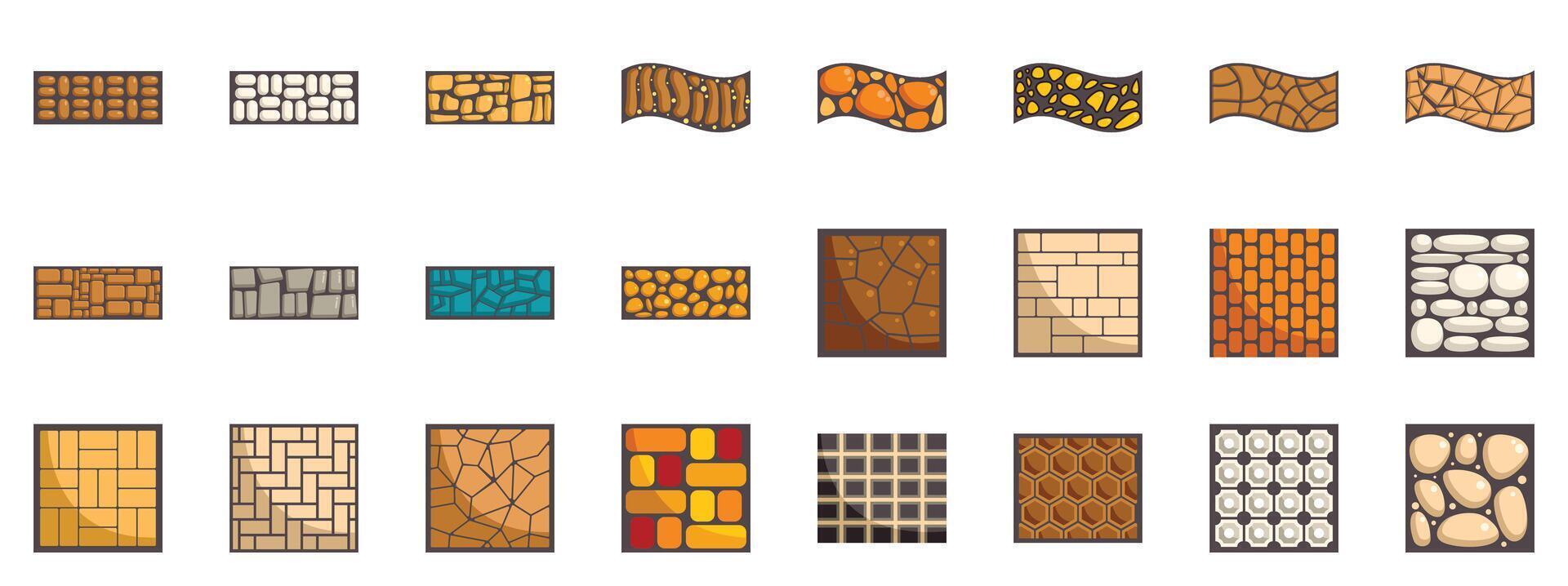 Set of different road paving icons in cartoon style vector