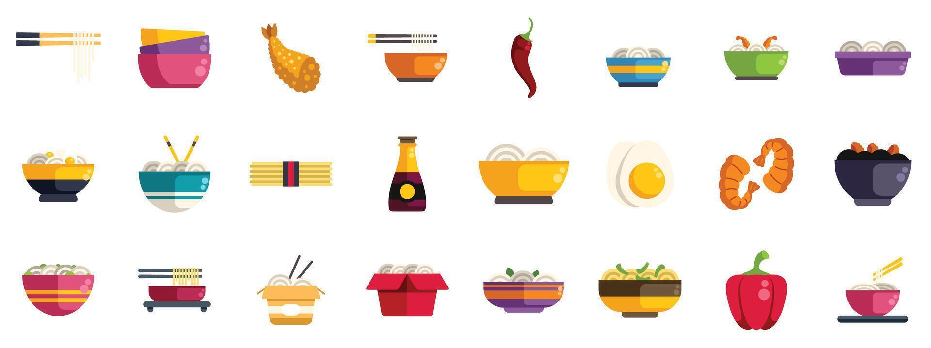 Asian food menu items with noodles, wok dishes, and ingredients vector